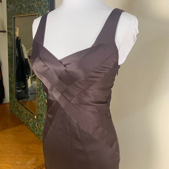 Vintage Y2K Stretch Satin Mini Cocktail Dress Chocolate Brown Formal Flattering - Picture 5 of 13